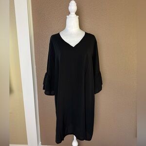 Black Shift Dress with Ruffle Sleeves | V-Neck | 3/4 Sleeve